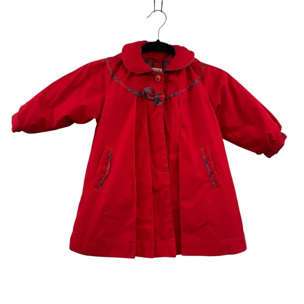 Vintage Rothschild Girls Red Swing Coat Size 2T Plaid Bow Trim Faux Fur Lined